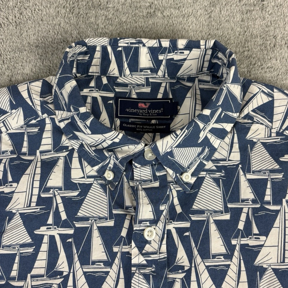 Vineyard Vines Classic Fit Murray Shirt Mens L Short Sleeve Sail Boat Print